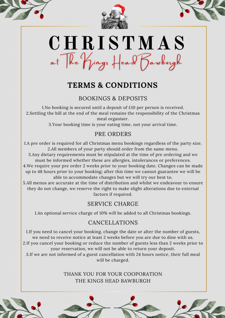 Christmas Menu T&Cs At Kings Head Bawburgh